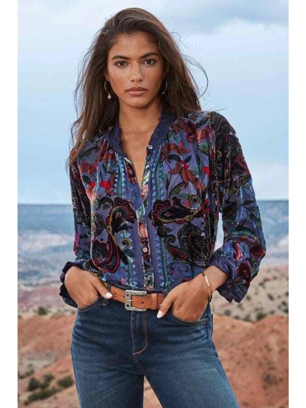 Johnny Was Clara Burnout Leda Velvet Floral Button Down Blouse Small
